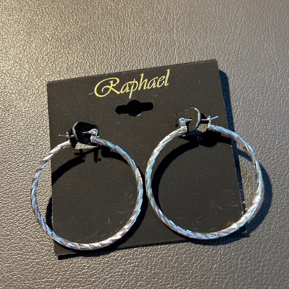 Raphael Silvertone Hoop Earrings New on Card